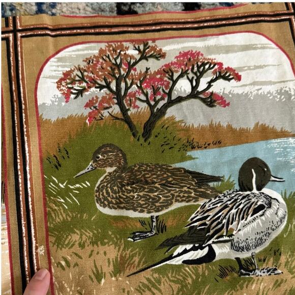 Vintage 70s Screen Printed Ducks Panel Fabric 21 Blocks Quilting Sewing Remnants - Picture 9 of 9